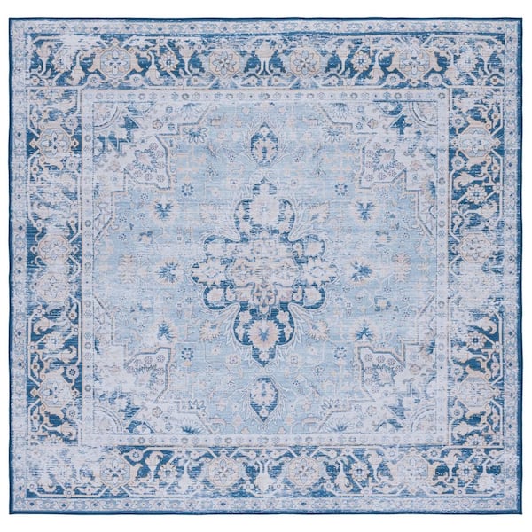 Tucson 8 ft. x 8 ft. Square Light Blue/Navy Abstract Ornate Medallion Washable Area Rug