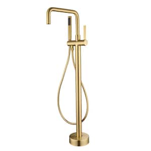 Singe-Handle High Spout Freestanding Floor Mount Tub Faucet with Hand Shower in Brushed Gold