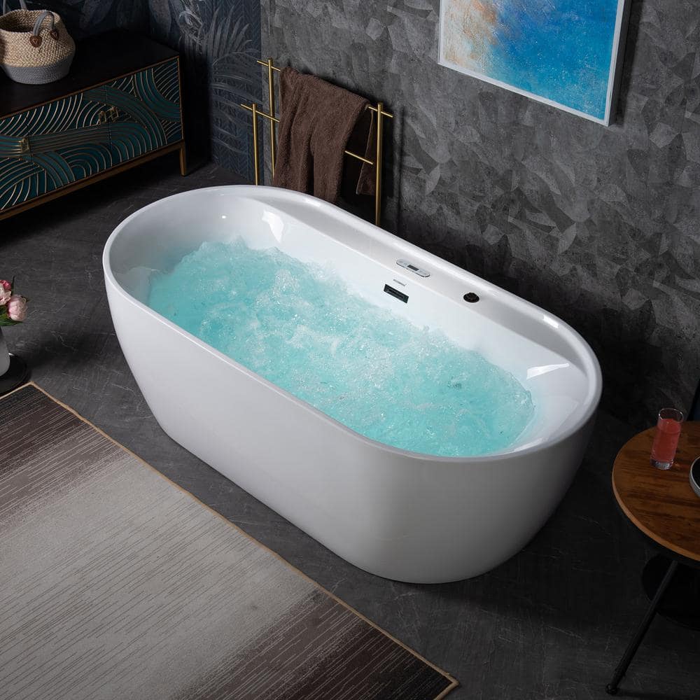 72" White Acrylic Freestanding Whirlpool Tub with Matte Black Trim