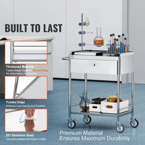 2-Layer Medical Cart Stainless Steel Utility Cart with 220 lbs. CapacityKitchen Cartwith 360° Silent Wheels and Drawer
