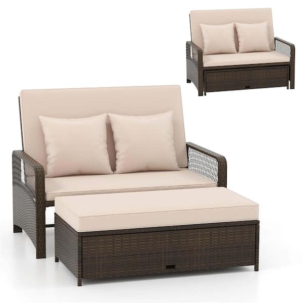 2-Piece Wicker Outdoor Day Bed Set with Cushioned Loveseat and Storage Ottoman for Porch with Beige Cushions