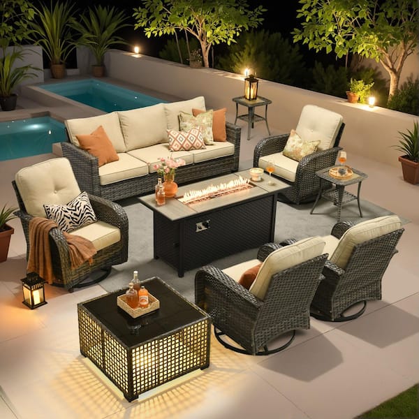 Lotus Gray 9-Piece Wicker Patio Fire Pit Conversation Sofa Set Swivel Rocking Chairs Coffee Table and Beige Cushion