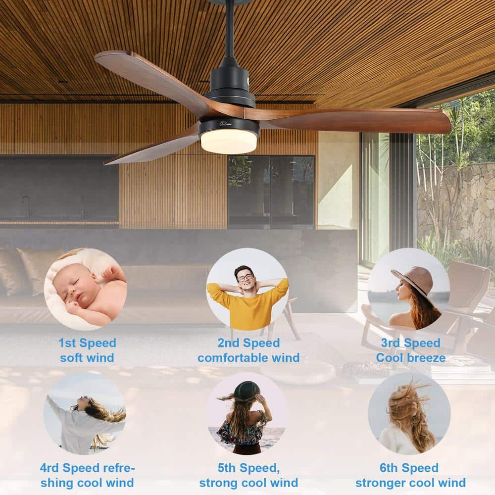 52" Black and Dark Wood-Grain Modern Ceiling Fan with Remote