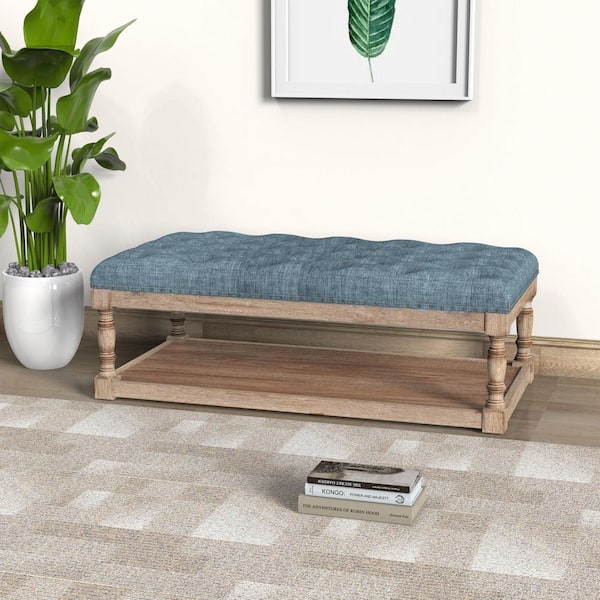 Warehouse of Tiffany Tubbs 48 in. Blue Tufted Linen Cocktail Shelved Ottoman