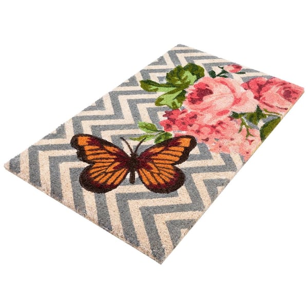 Multi-Color Rose and Butterfly 29.5 in. x 17.75 in. Coir Outdoor Door Mat