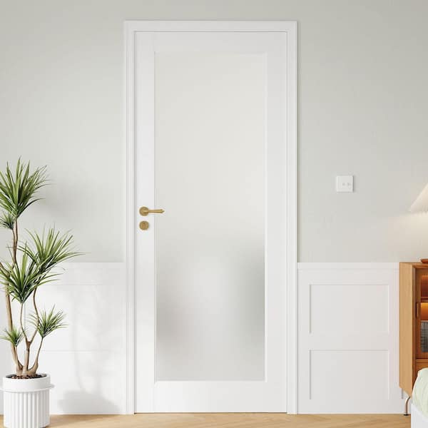 32 in. x 80 in. 1 Lite Tempered Frosted Glass Solid Core White Primed Wood Interior Door Slab