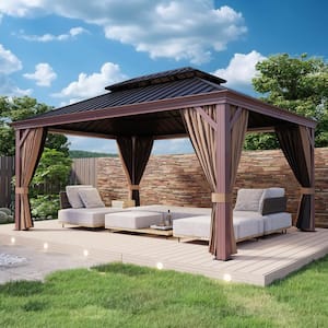 12 ft. x 16 ft. Hardtop Gazebo Double Galvanized Steel Roof Canopy with Ceiling Hook, Textilene Netting and Curtains