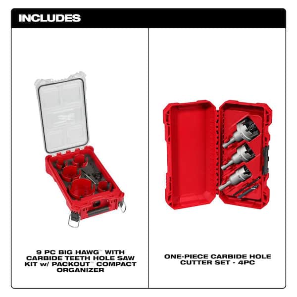BIG HAWG Carbide Hole Saw Kit with PACKOUT Case & Carbide Hole Cutter Kit (13-Piece)