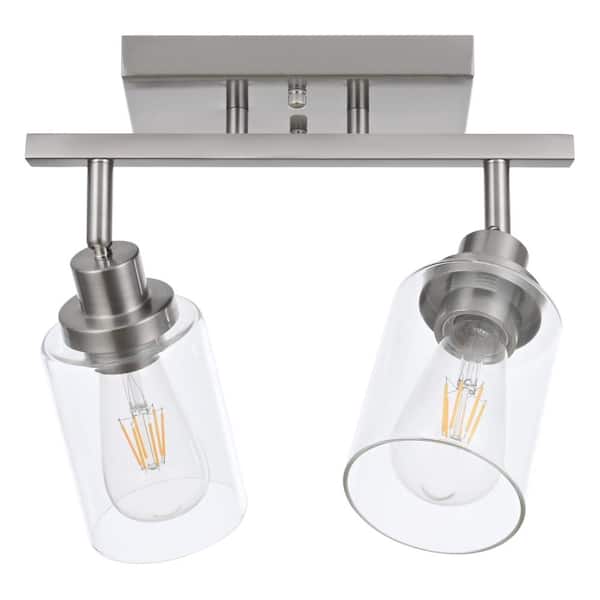 2-Light Brushed Nickel Rotatable Track Light with Clear Glass Shades for Ceiling or Wall Installation