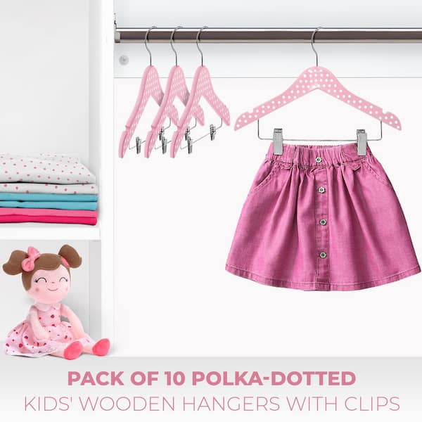 OSTO Pink with White Polka Dots Wooden Kids Clothes Hangers with Clips  10-Pack OWC-125-10-PK-H - The Home Depot