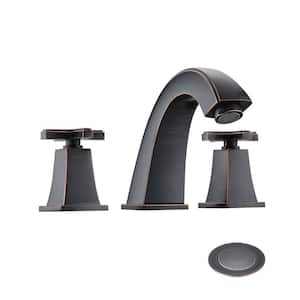 8 in. Widespread Double Handles Deck Mount Mid Arc Spout Bathroom Faucet with Drain Kit Included in Oil-Rubbed Bronze
