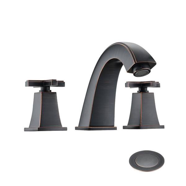 YASINU 8 in. Widespread Double Handles Deck Mount Mid Arc Spout Bathroom Faucet with Drain Kit Included in Oil-Rubbed Bronze