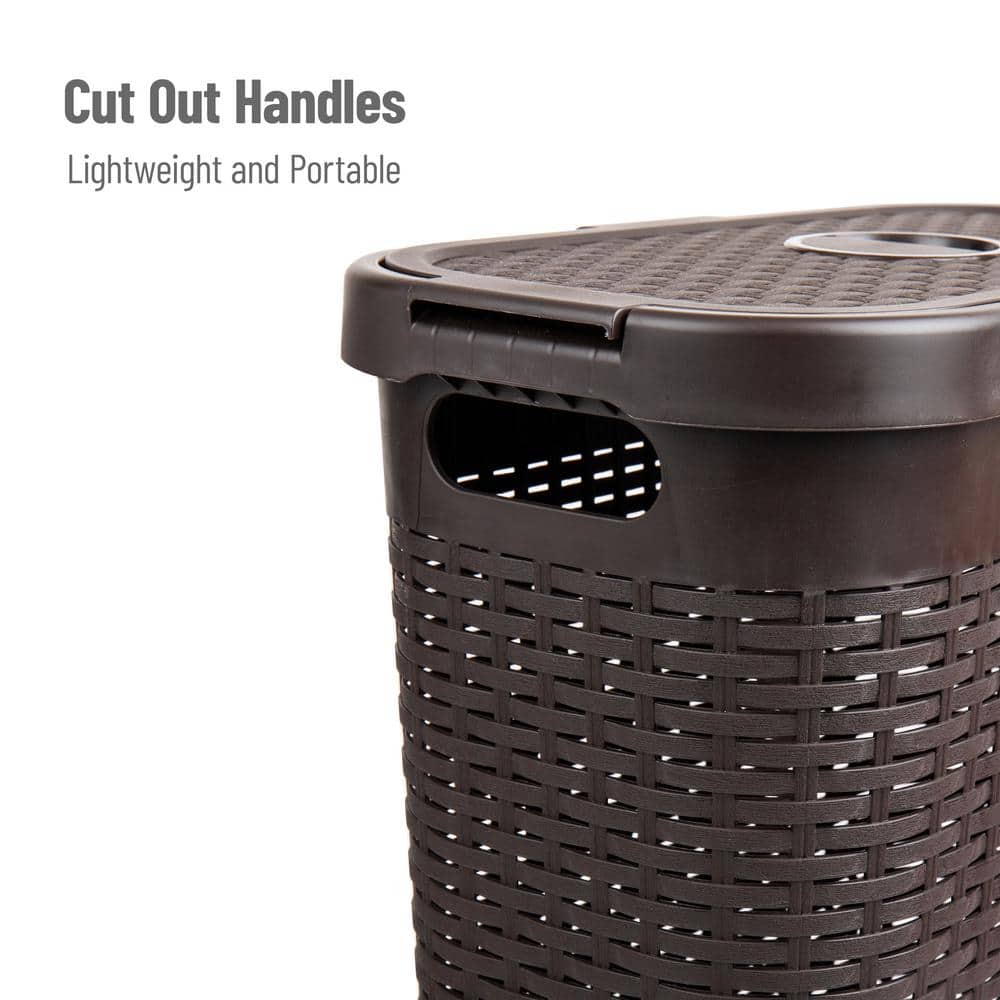 Brown Plastic Wicker Design Collapsible Laundry Basket with Lid