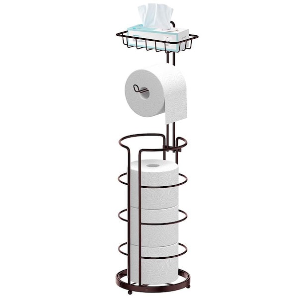 AULEDIO Freestanding Metal Toilet Paper Holder Stand, Toilet Tissue Roll Holder with Shelf in Bronze