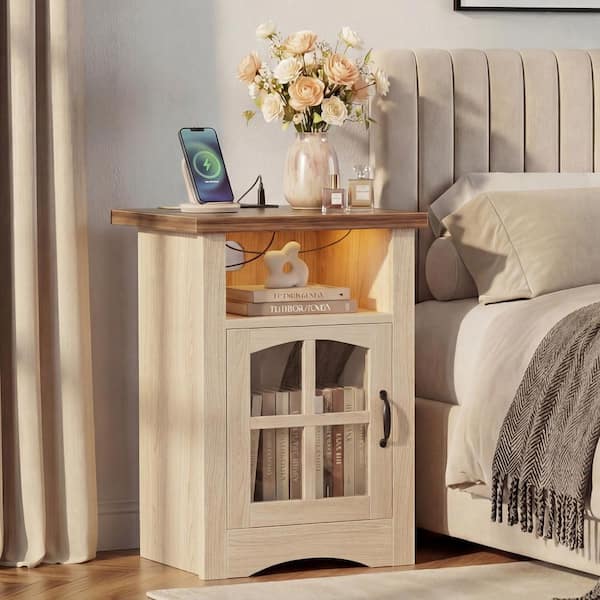 LACOO Beige LED Nightstand with Charging Station, Side Table with