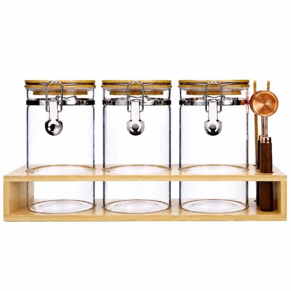 3-Piece 40 fl. oz. Borosilicate Glass Decorative Canister Set with Bamboo Shelf and Airtight Lids