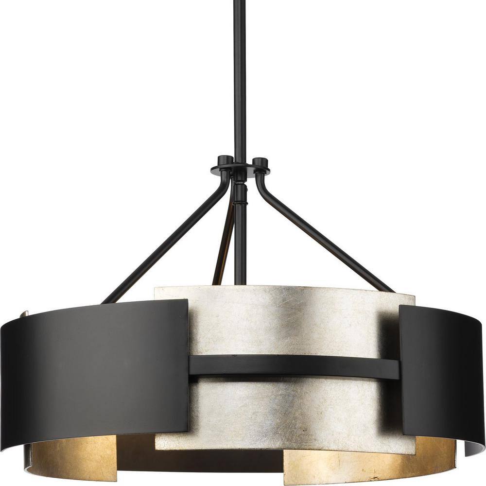 Progress Lighting Lowery Collection 19 in. 3-Light Matte Black Industrial Luxe Semi-Flush Mount with Aged Silver Leaf Accent -  785247253586