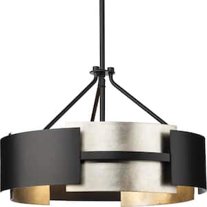 Lowery Collection 19 in. 3-Light Matte Black Industrial Luxe Semi-Flush Mount with Aged Silver Leaf Accent
