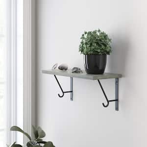 24 in. x 8 in. x 6 in. Grey Stained Solid Pine Decorative Wall Shelf with Matte Black Steel Brackets and Hooks
