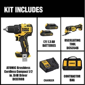 ATOMIC 20-Volt MAX Cordless Brushless Compact 1/2 in. Drill/Driver, (2) 20-Volt 1.3Ah Batteries & Oscillating Tool