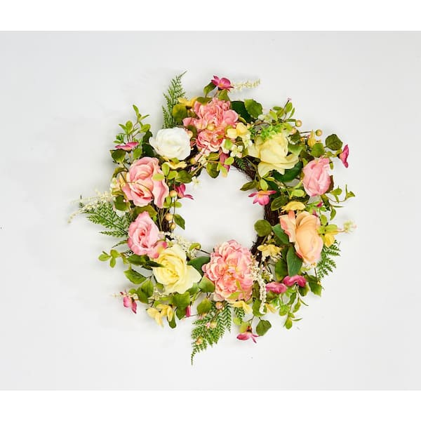 Worth Imports 24 in. Artificial Rose and Peony Wreath on Natural Twig Base