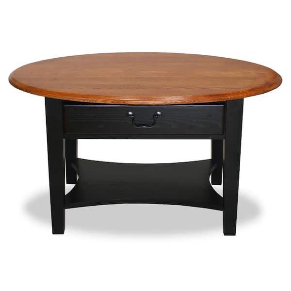Leick Home 34 .75 in. L Medium Oak and Slate Black Oval Wood Coffee Table with 1-Drawer and Shelf