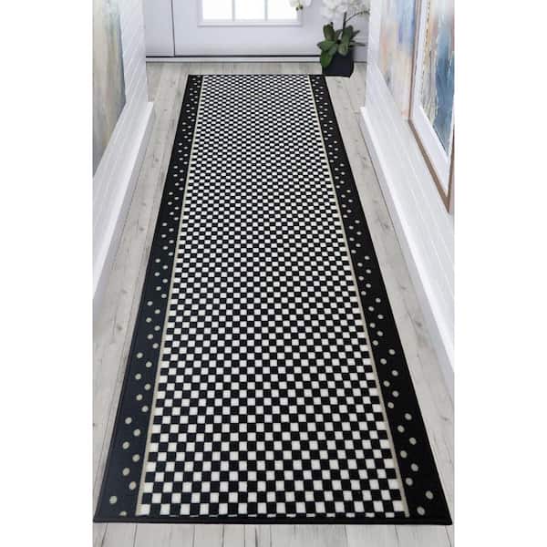 Checkered Roll Runner Cut to Size Black & White 26 " Width x Your Choice Length Custom Size Slip Resistant Stair Runner