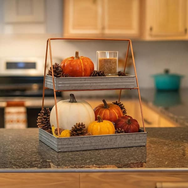 Benjara Galvanized Gray Metal 2-Tiered Rectangular Serving Tray