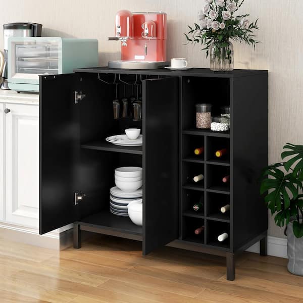 Black Cherry Buffet with Storage Coffee Bar Cabinet Wine Racks