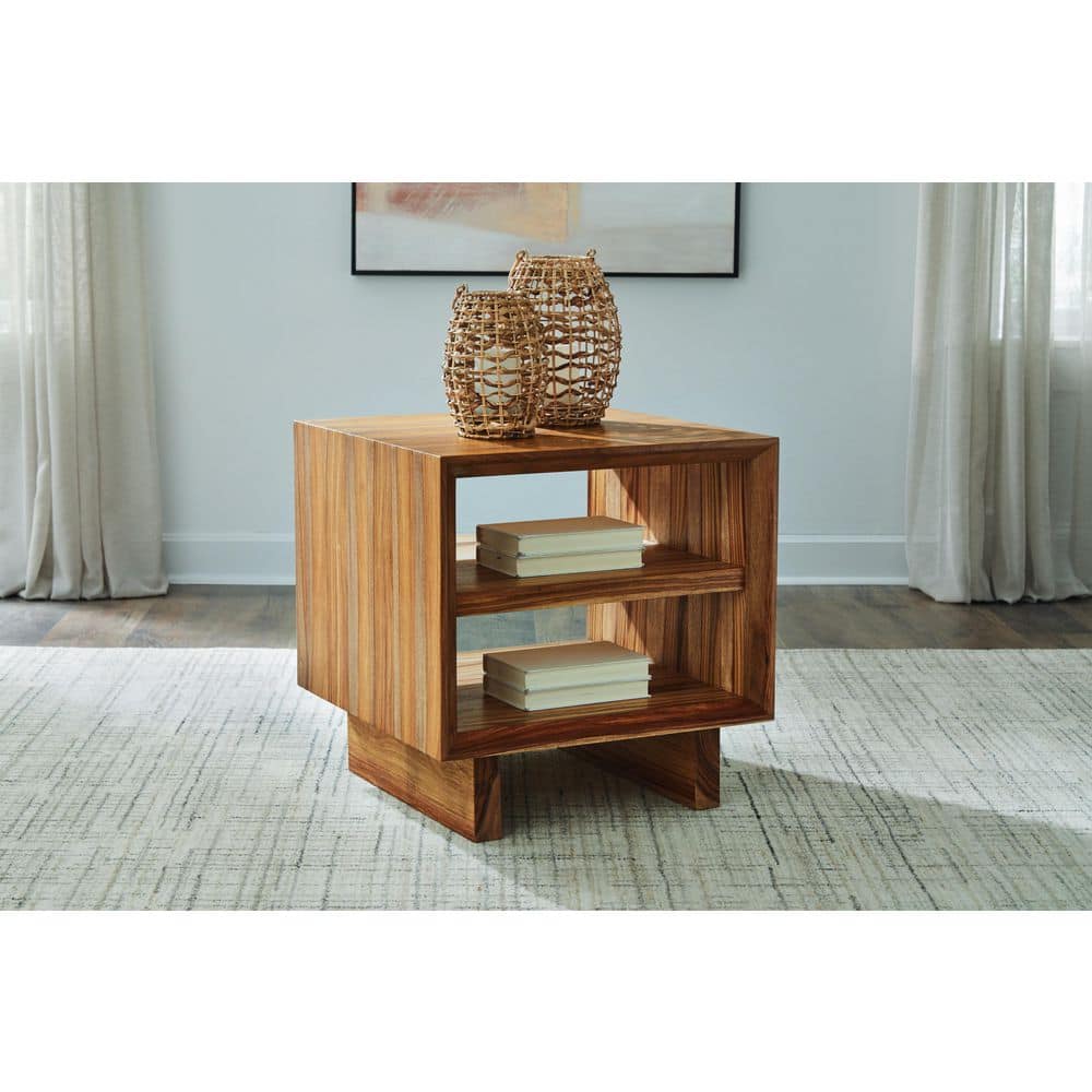 Sheesham Wood Square End Table with Open Shelves, Brown