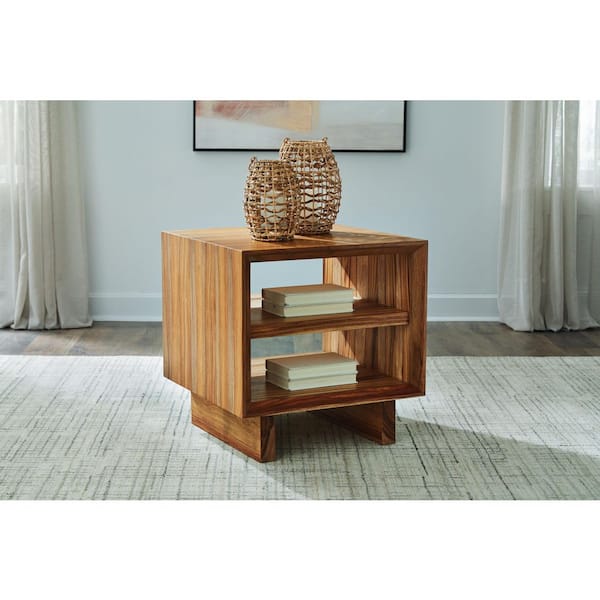 Signature Design By Ashley Dressonni 24 in. Brown Square Wood End Table with Storage and Shelves