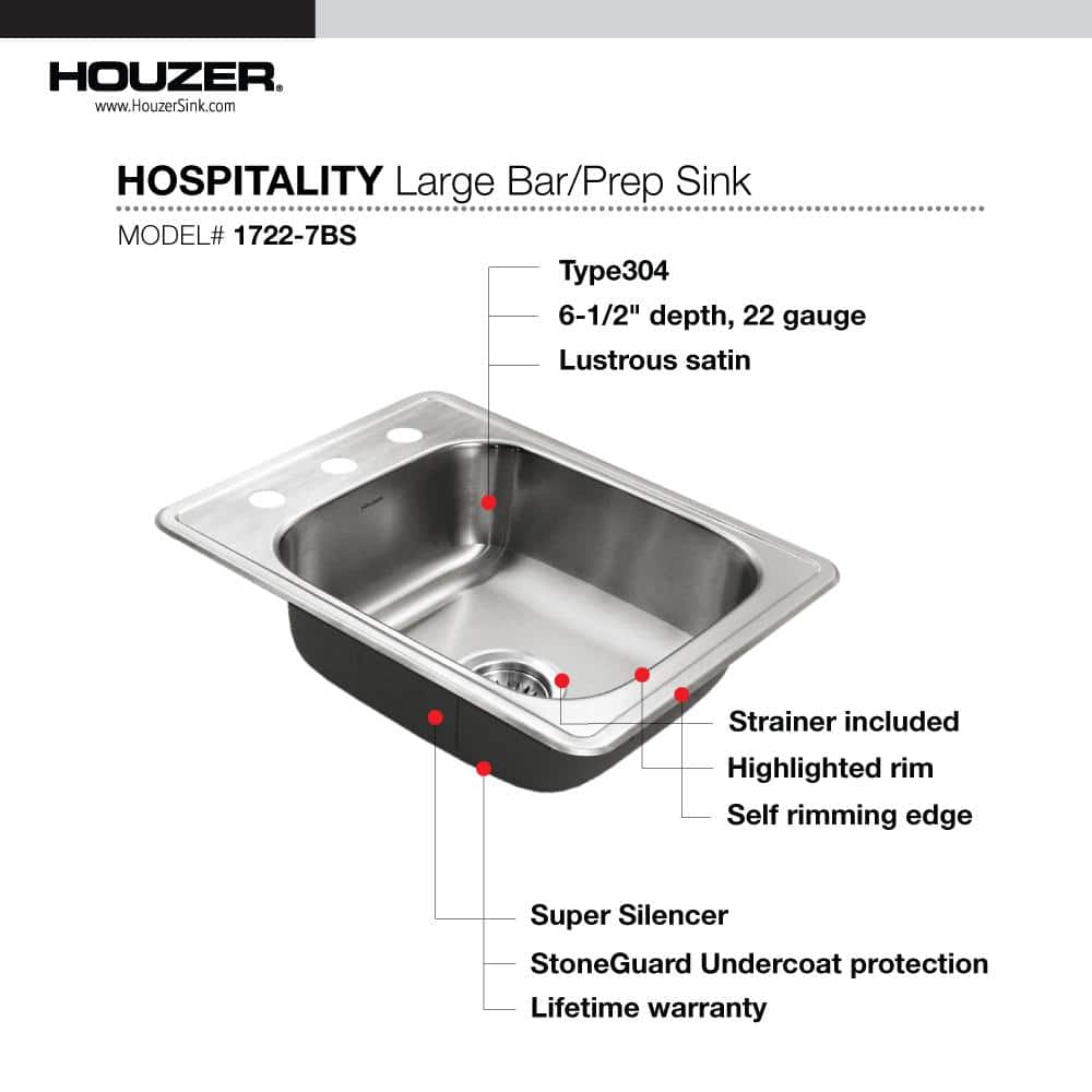 Houzer 23'' Stainless Steel Topmount Single Bowl Bar Sink