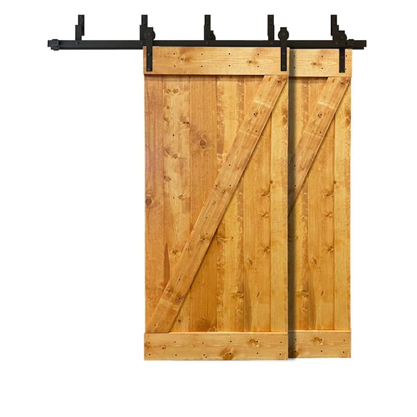 CALHOME 84 in. x 84 in. Z Bar Bypass Colonial Maple Stained Solid Pine Wood Interior Double Sliding Barn Door with Hardware Kit