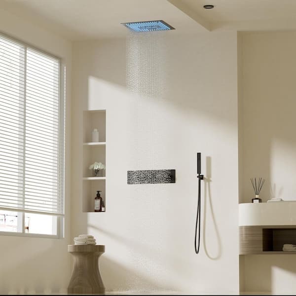 3-Spray 16 in. LED 64 Color Thermostatic Dual Shower Head and Handheld Shower Head Ceiling Mount 2.5 GPM in Matte Black