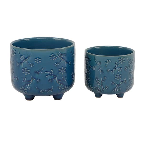 Flora Bunda 6 in. and 4.75 in. Glass Teal Wild Flowers Ceramic Footed Planter (Set of 2)