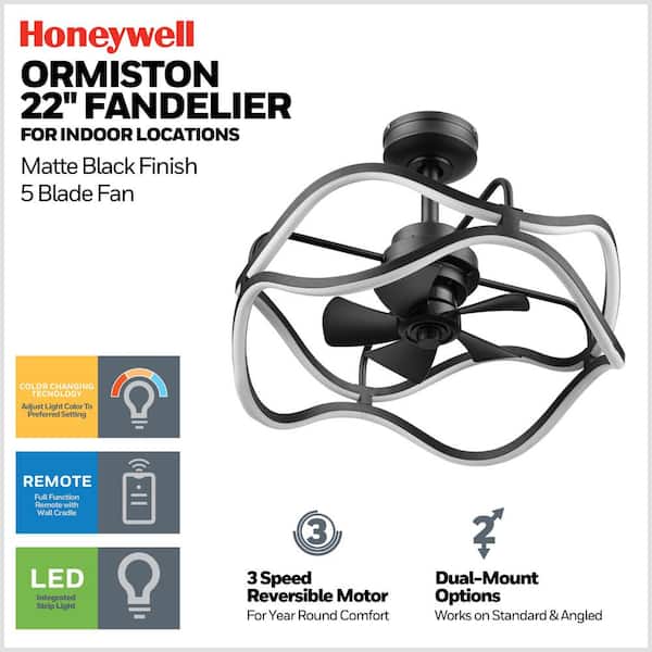 Ormiston 21 in. LED Indoor Matte Black Fandelier Modern Ceiling Fan with Color Changing Technology and Remote Control