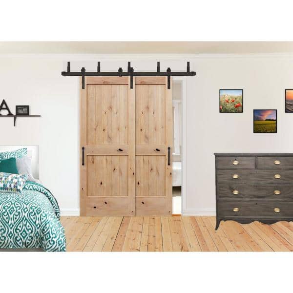 60in.x80in.Bypass Rustic Unf 2-PNL V-Groove Solid Core Knotty Alder Wood Sliding Barn Door with Bronze Hardware Kit 60in.x80in.Bypass Rustic Unf 2-PNL V-Groove Solid Core Knotty Alder Wood Sliding Barn Door with Bronze Hardware Kit