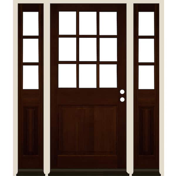 Krosswood Doors 64 in. x 80 in. Farmhouse 9-Lite Clear Glass Left Hand Red Mahogany Stain Hemlock Wood Prehung Front Door w/ DSL