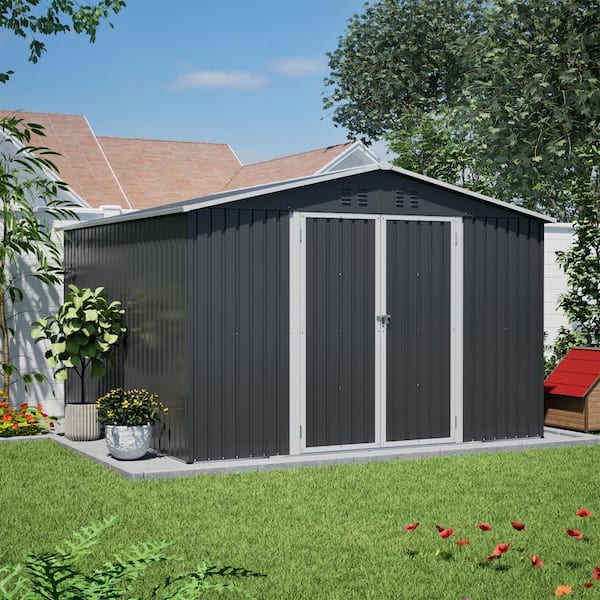 10x10 ft Outdoor Metal Storage Shed with Lockable Double Doors, Heavy-Duty Frame,Vents,Waterproof,Coverage Area-98 sq.ft