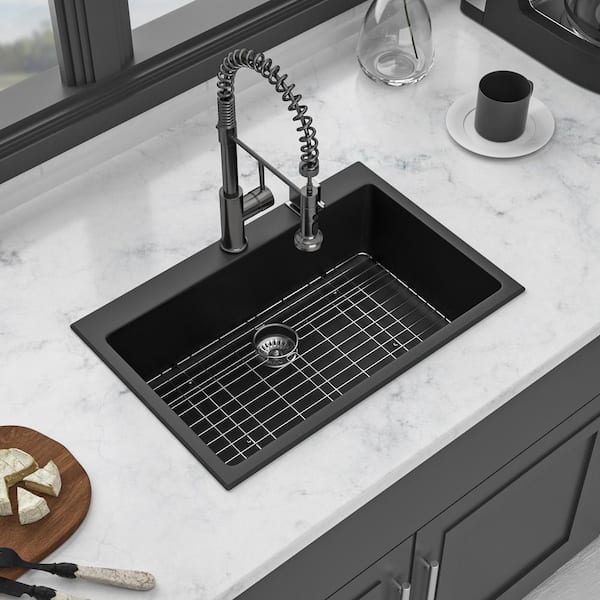Boosicavelly 33 in. Drop-In Single Bowl Black Quartz Kitchen Sink