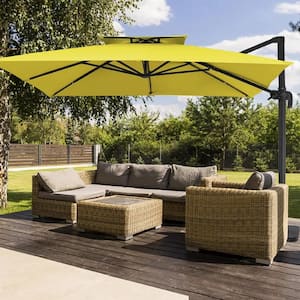 11 ft. x 11 ft. Square Two-Tier Top Rotation Outdoor Cantilever Patio Umbrella with Cover in Yellow