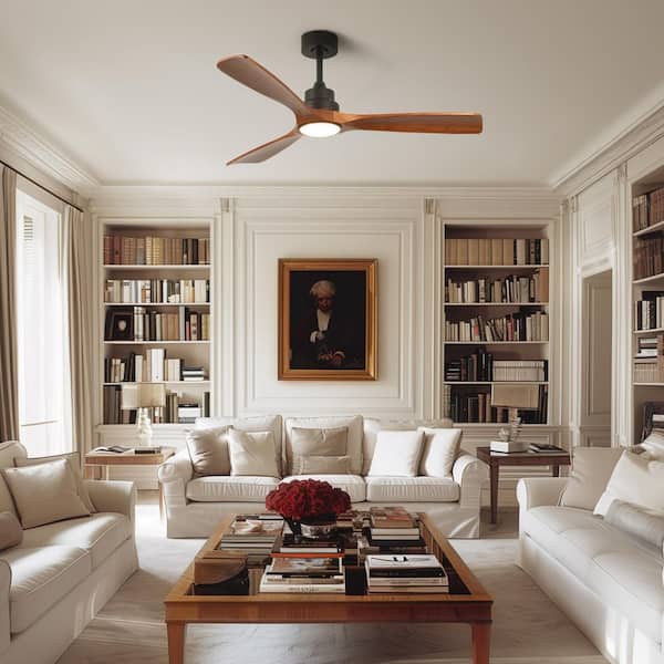 52 in. LED Indoor Modern Black Dimmable Low Profile Vintage Flush Mount Ceiling Fan Light with Remote for Living Room