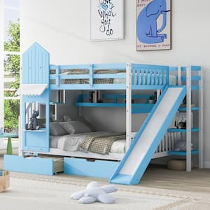 Blue Full over Full Castle Style Wood Bunk Bed with Storage Staircases, 2 Drawers, Shelves, and Slide
