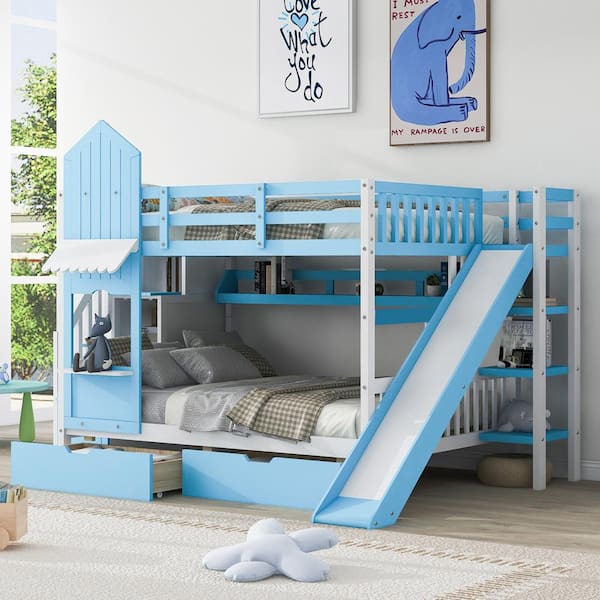 Harper & Bright Designs Blue Full over Full Castle Style Wood Bunk Bed with Storage Staircases, 2 Drawers, Shelves, and Slide