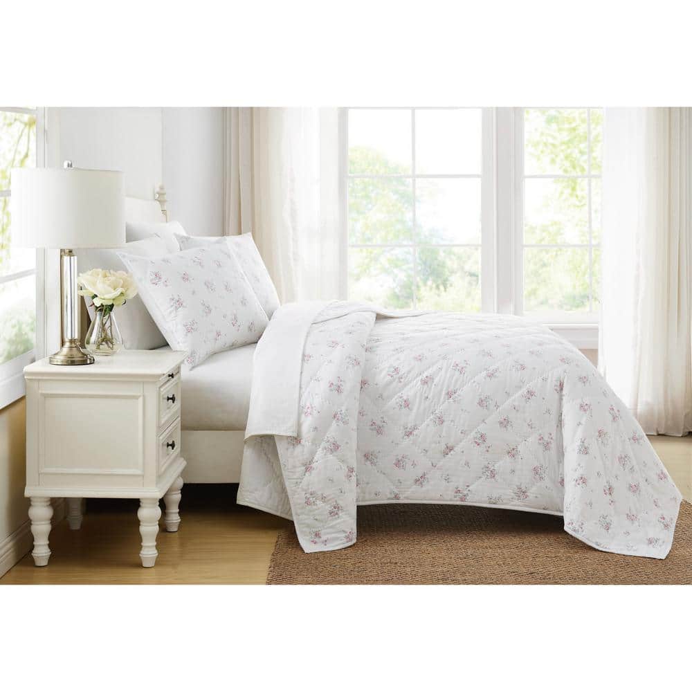 White and Pink Floral Cotton Twin XL Quilt Set