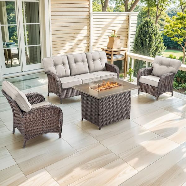 Brynn 4-Piece Brown Wicker Patio Conversation Sofa Set Outdoor Propane Fire Pit Table with Beige Cushions