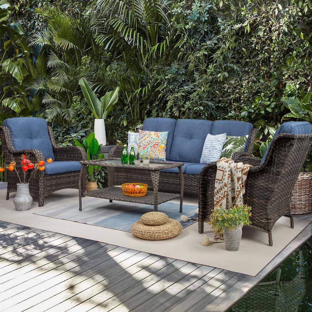 JOYSIDE 4-Piece Wicker Outdoor Patio Seating Set Sectional Sofa with Blue Cushions and Table - 2