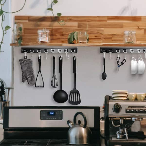 2 PCS Black Aluminum 17 in. Utensil Racks with 8 Hooks, Kitchen Utensil Holders Hanging Utensil Rack Multifunctional