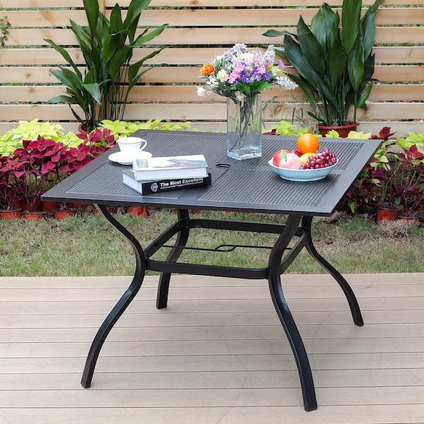 PHI VILLA Black Square Metal Patio Outdoor Dining Table with 1.57 in. Umbrella Hole and Netty Tabletop