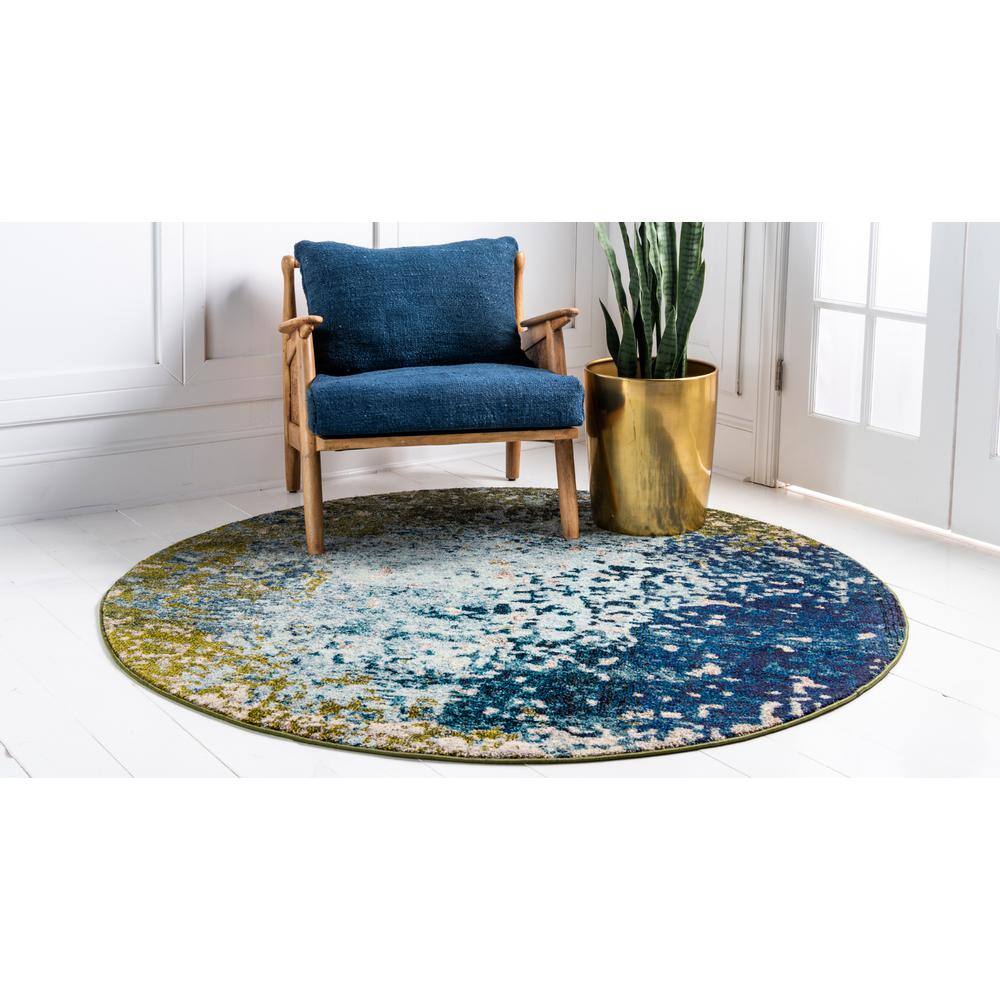 Round Blue Synthetic Easy Care Stain-Resistant Rug 6' x 6'